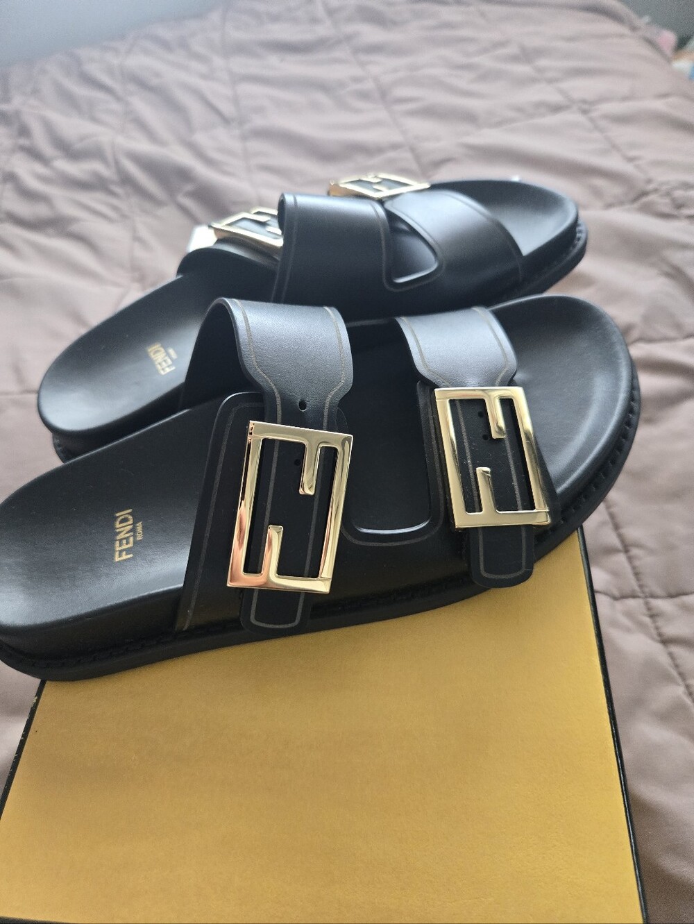 Fendi Black Leather Slide Sandals with Gold F Buckles